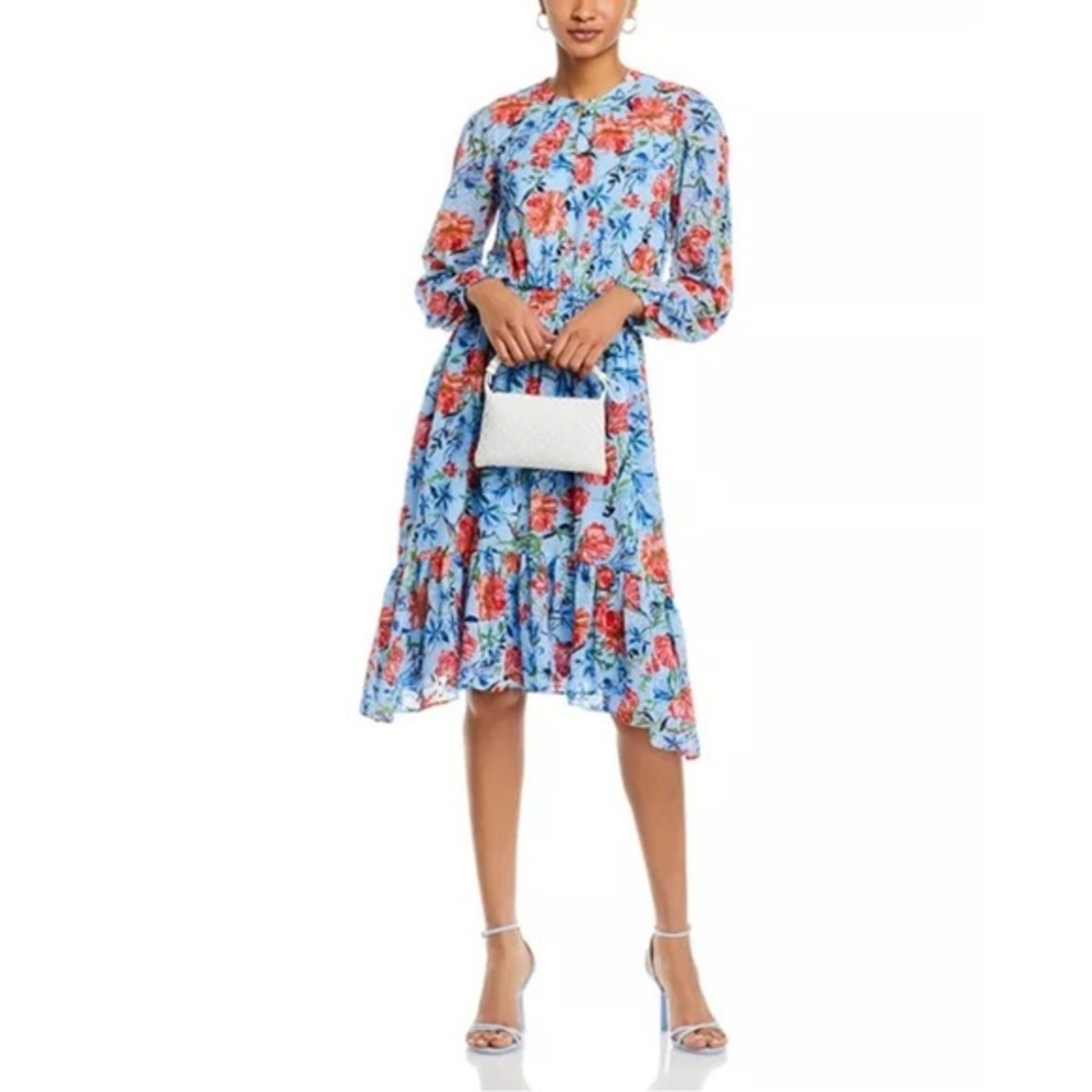 Tahari Long Sleeve Smocked Waist Floral Clip-Dot Dress – Size Small | NWT